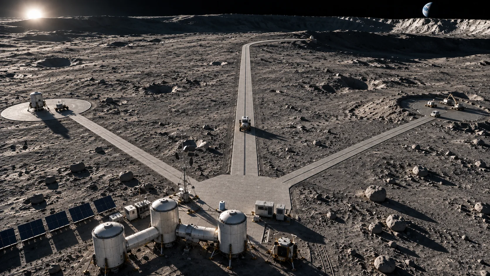 Aerial view of a lunar base joined by a network of roads