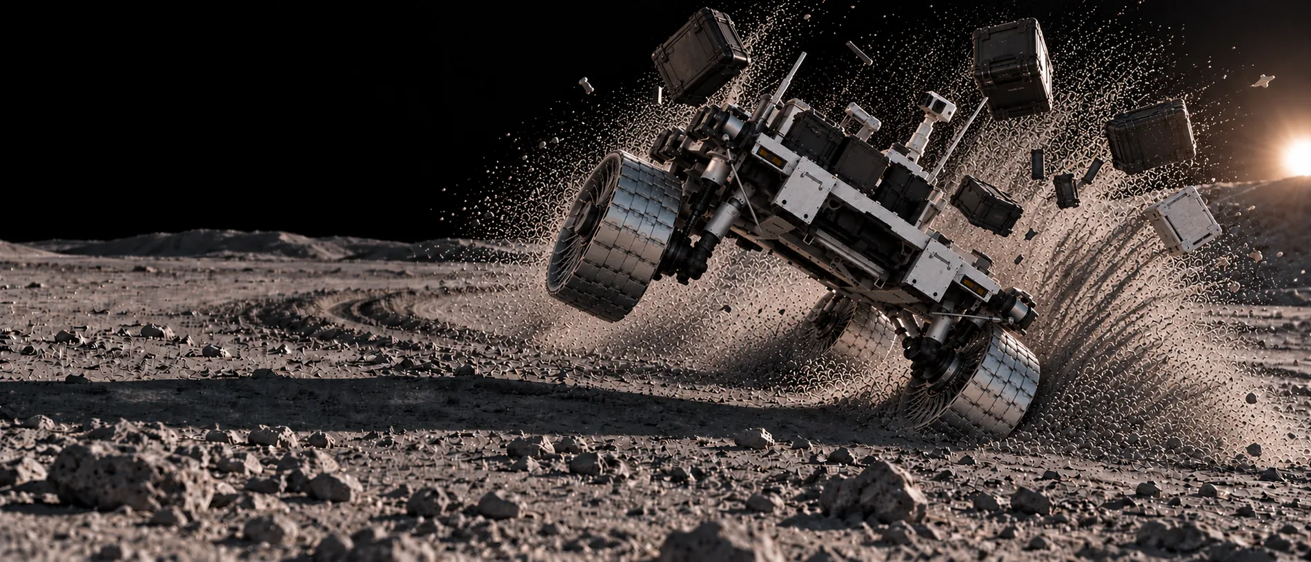 A rover loses traction on loose regolith and tips, throwing dust and cargo